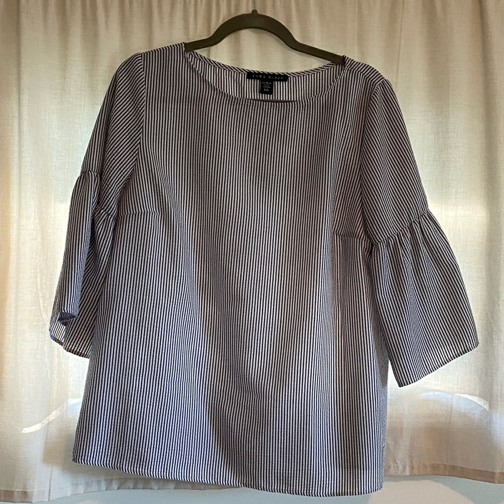 Blue + White Striped Bell Sleeve Shirt Size Lg Women